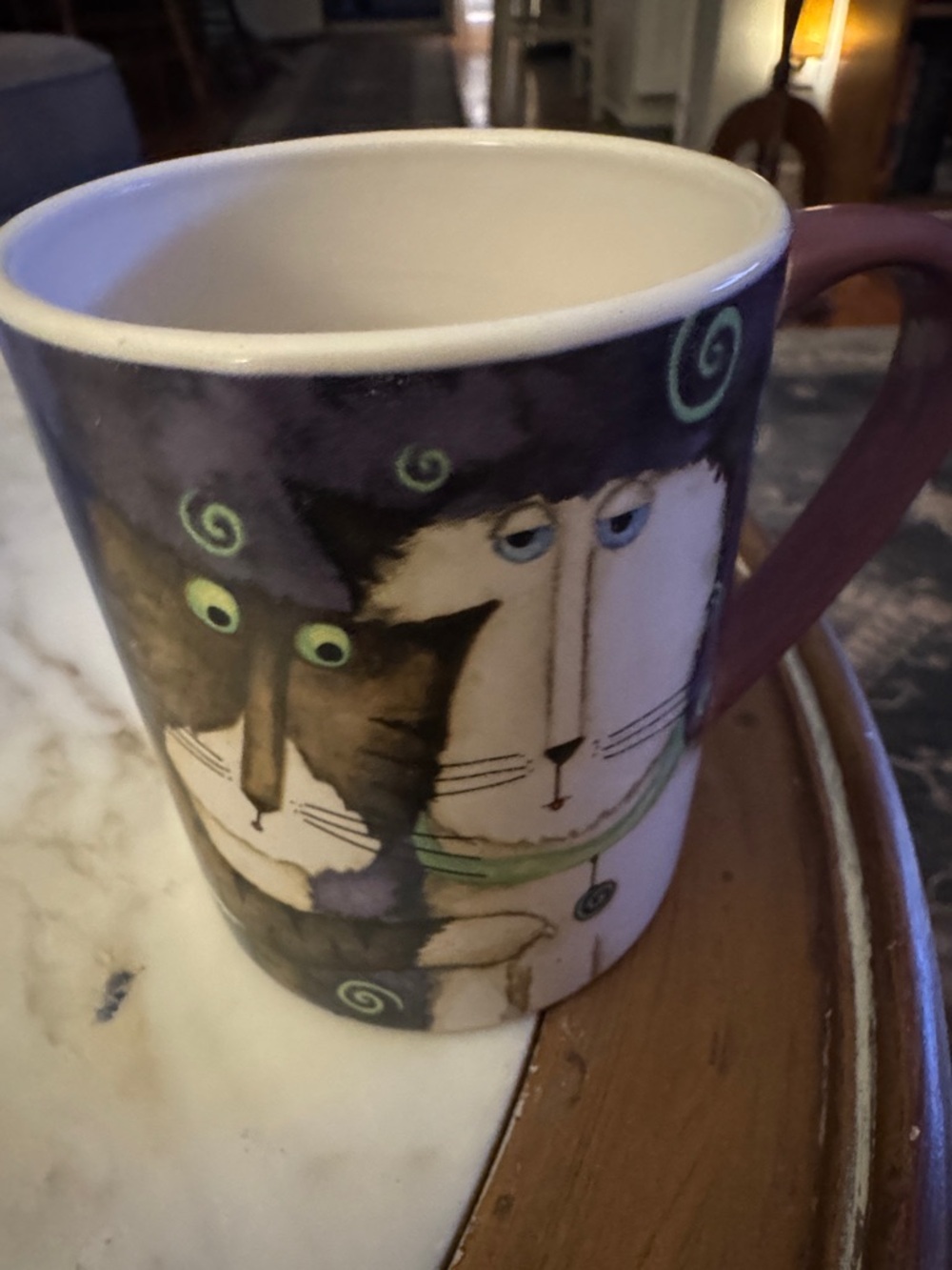 Gibson 2006 Debi Hron Cats stoneware Mug with Brand Label and Neutral Rim